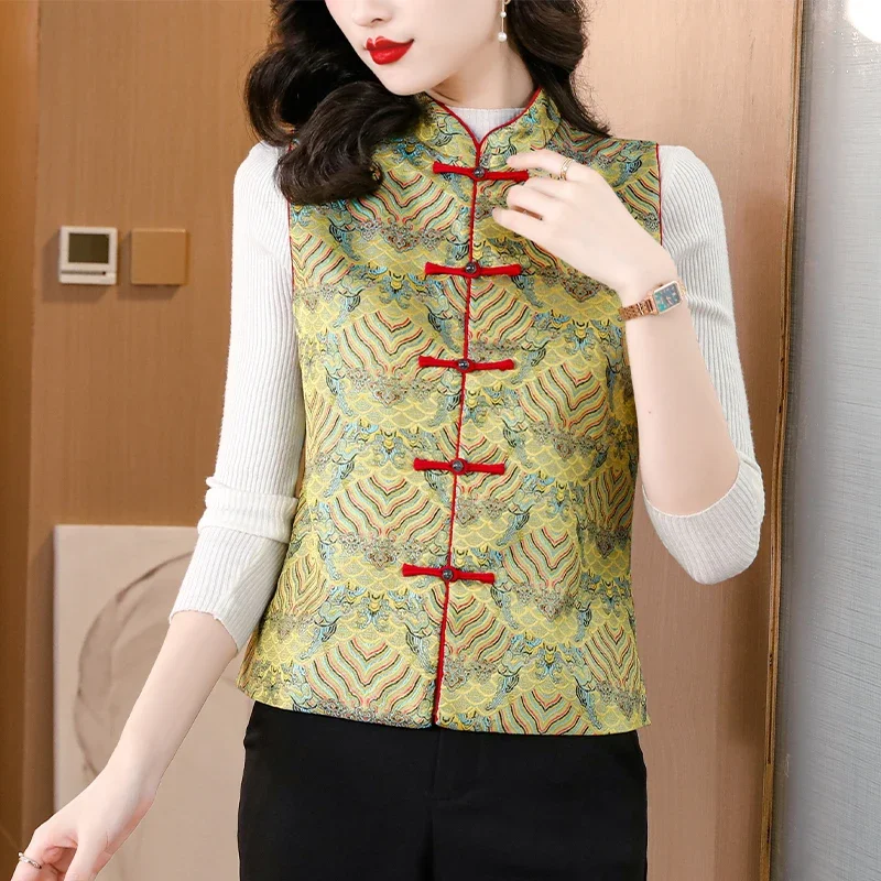 High-end Floral Printed Yellow Vest for Women 2023 Autumn Chinese Retro Buckle Tang Suit Slim Causal Top Waistcoat Women