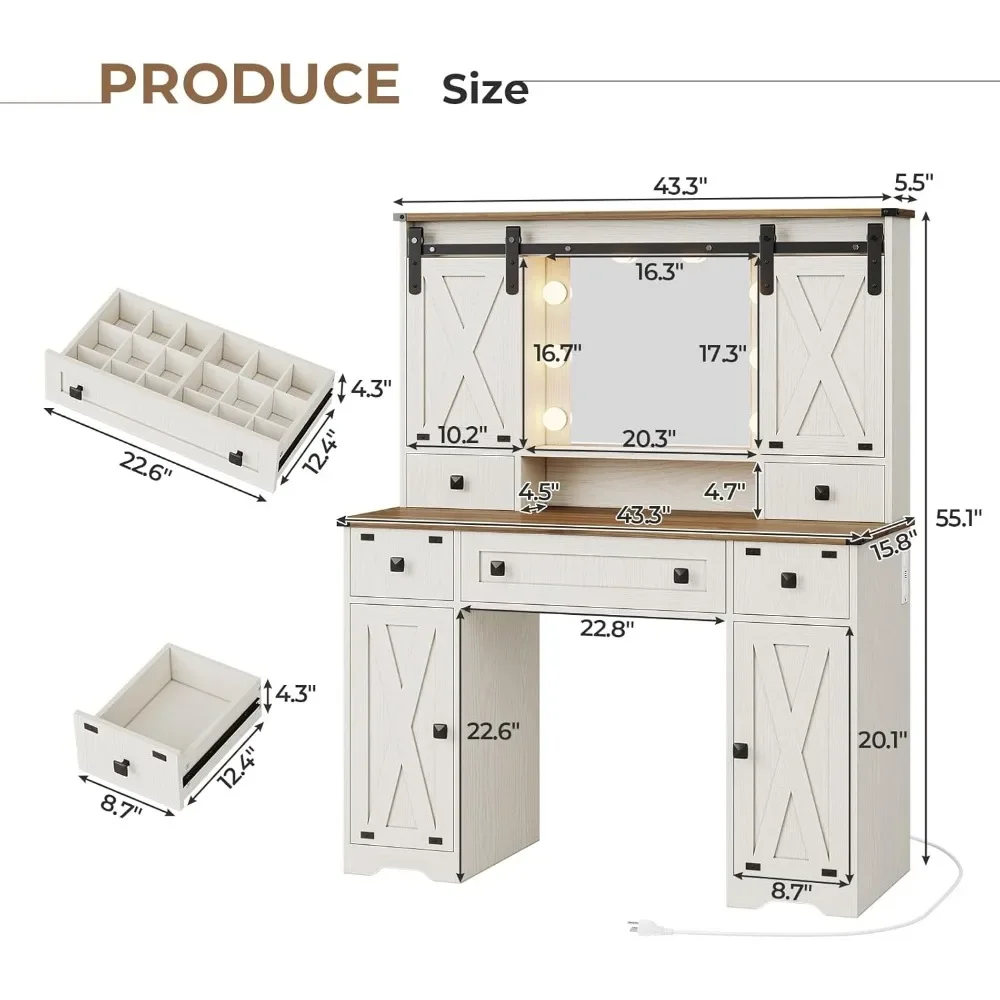 Farmhouse Vanity Desk with Mirror and Lights,Makeup Dressing Vanity Table with Charging Station,  3 Lighting Modes Adjustable