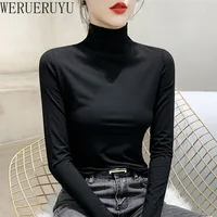 T-shirt noir à col roulé et manches longues pour femme, vêtement Y2k, mode coréenne, Modal, élégant, collection automne-hiver 2024 2
