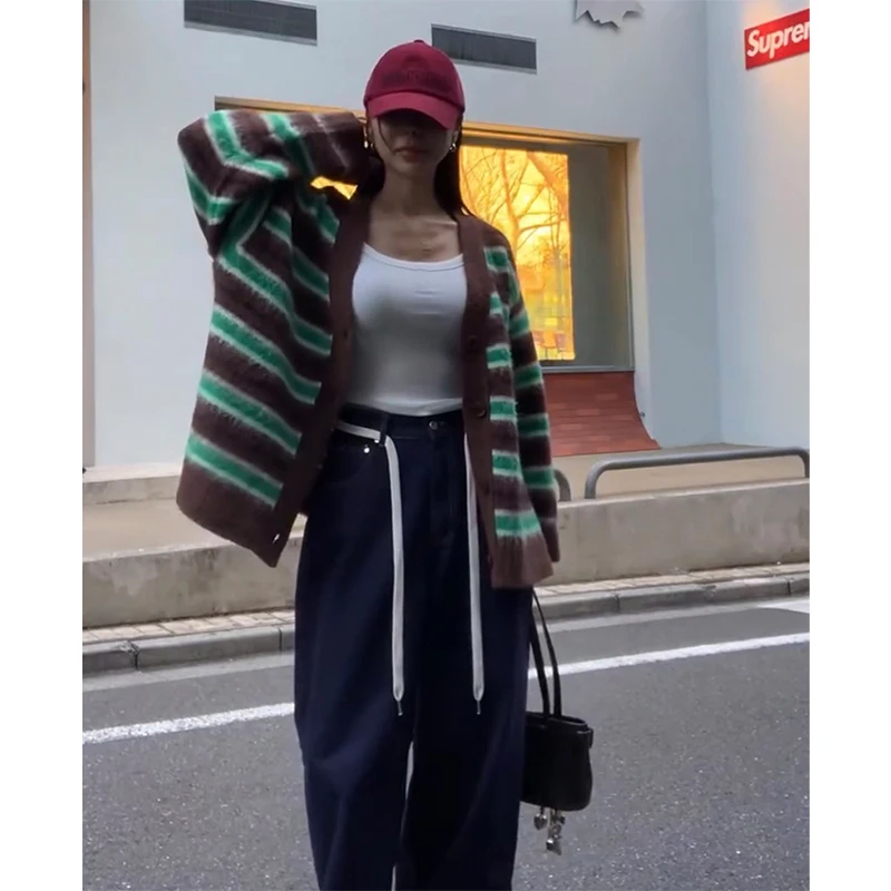 Harajuku مخطط سترة مشغولة من الصوف المرأة خمر سترة طويلة الأكمام ملابس خارجية الكورية المرقعة تريكو الشتاء فضفاض لاعبا #3