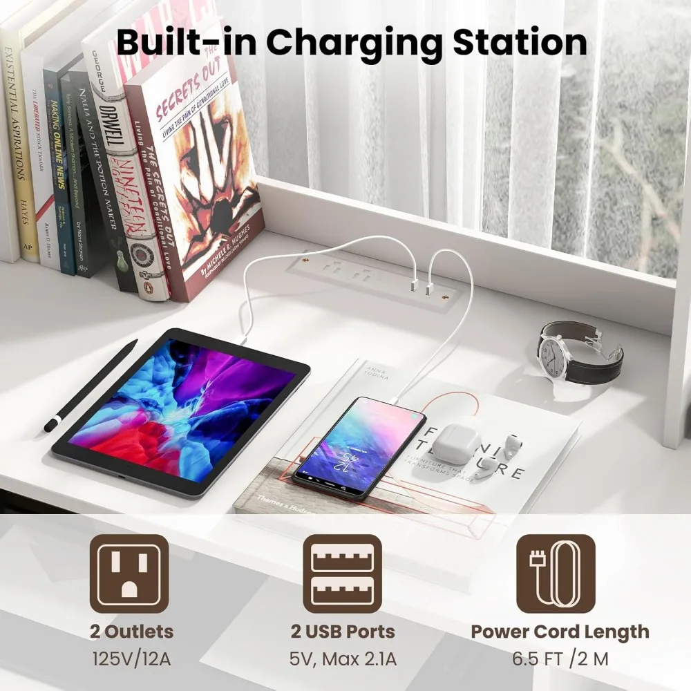 مكتب كمبيوتر ممتاز مزود بخزانة، مكتب مكتب منزلي مقاس 43.5 بوصة مع صينية لوحة مفاتيح ومحطة شحن، طاولة كمبيوتر محمول لمحطة العمل #4