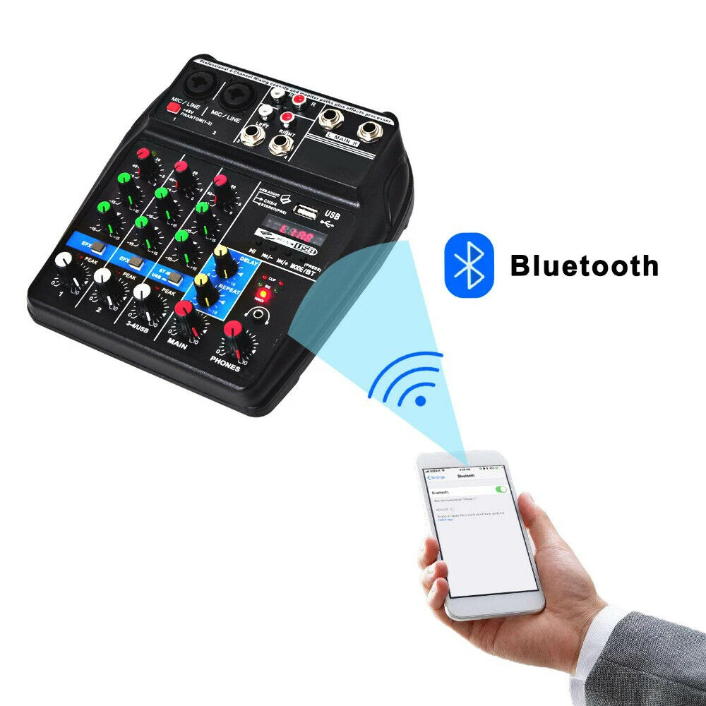 

Factory Whole Sale 4 Channel USB Audio Mixer A4 Mixing Console With BT Record 48V Phantom Power Audio Interface Mixer