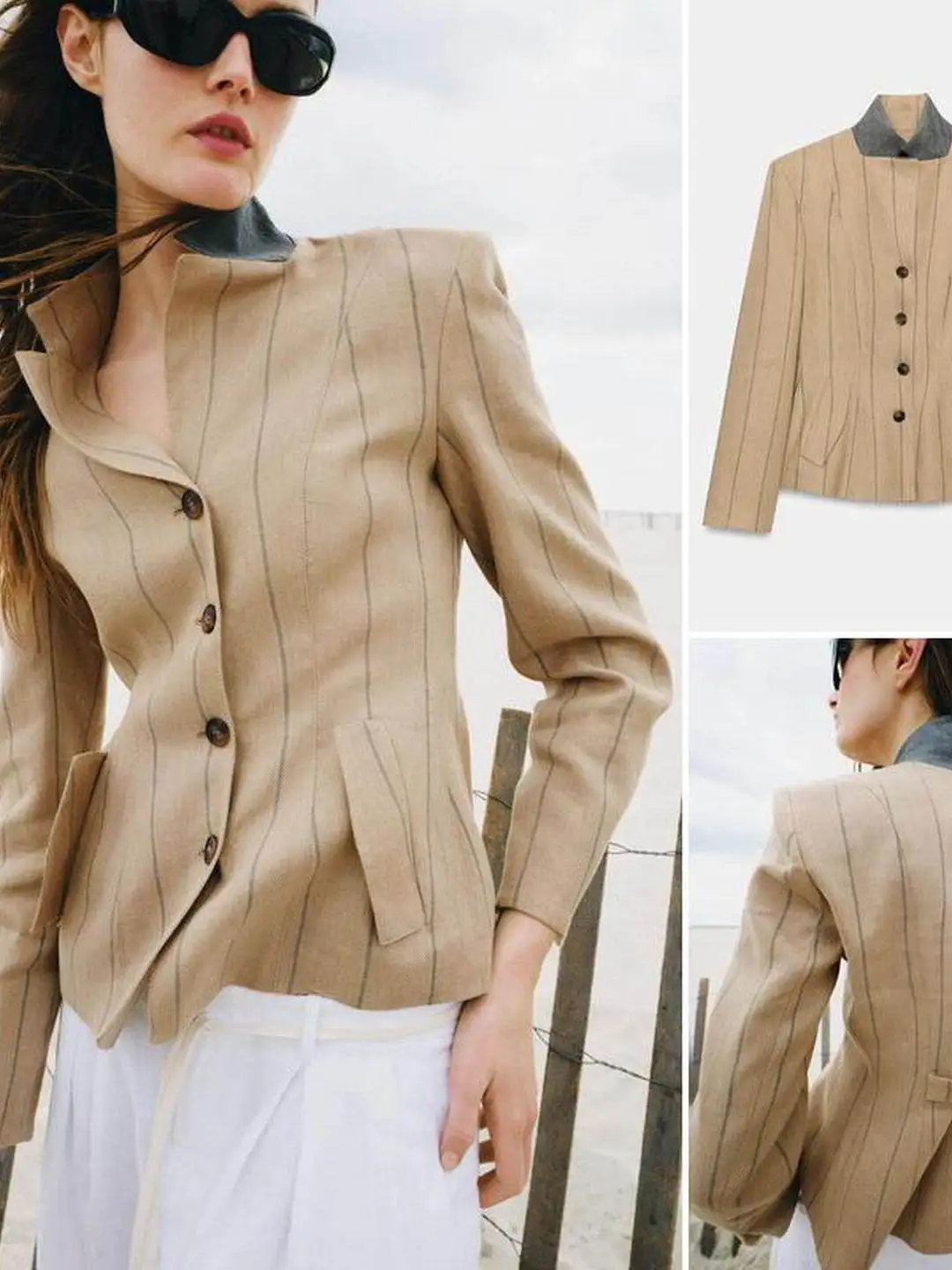 Summer Striped Long Sleeve Suit Jacket Zipper Closure Straight Leg Color Block Stand Collar Women's Polyester Fiber Outerwear