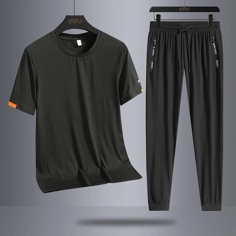 2024 Summer Ice Silk Short Sleeve Long Pants Quick Drying Sports Set Men's Loose Fashion Two Piece New Style