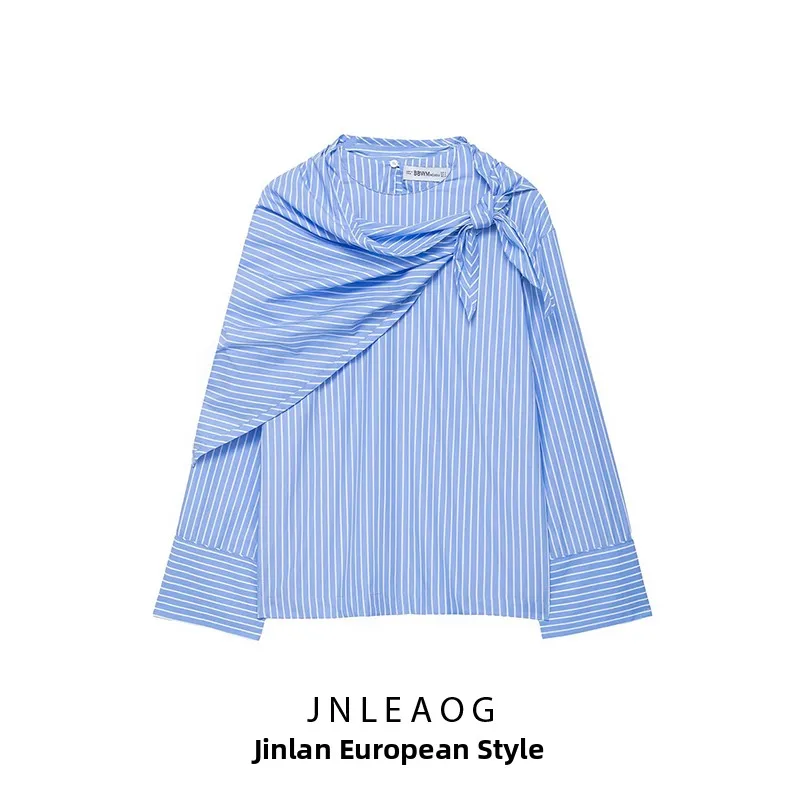 

JNLEAOG Autumn New Women's Fashion Design Striped Multi-Purpose Scarf Shirt Loose Fit Polyester Long Sleeve Regular Thickness