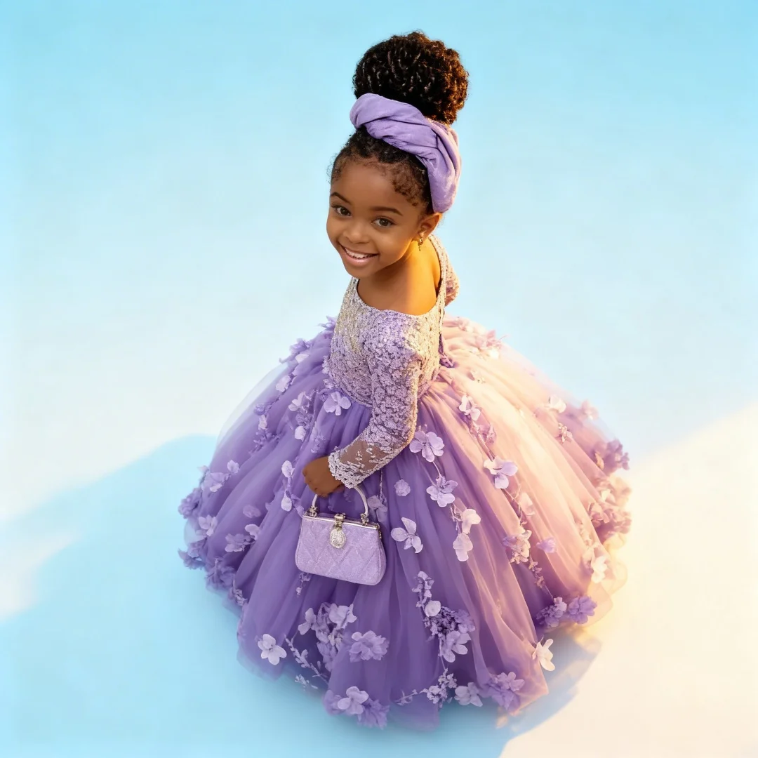 

Custom Lavender Flower Girl Dress 3D Wedding Lace Floral Long Sleeve Gorgeous Princess Birthday Party Dress