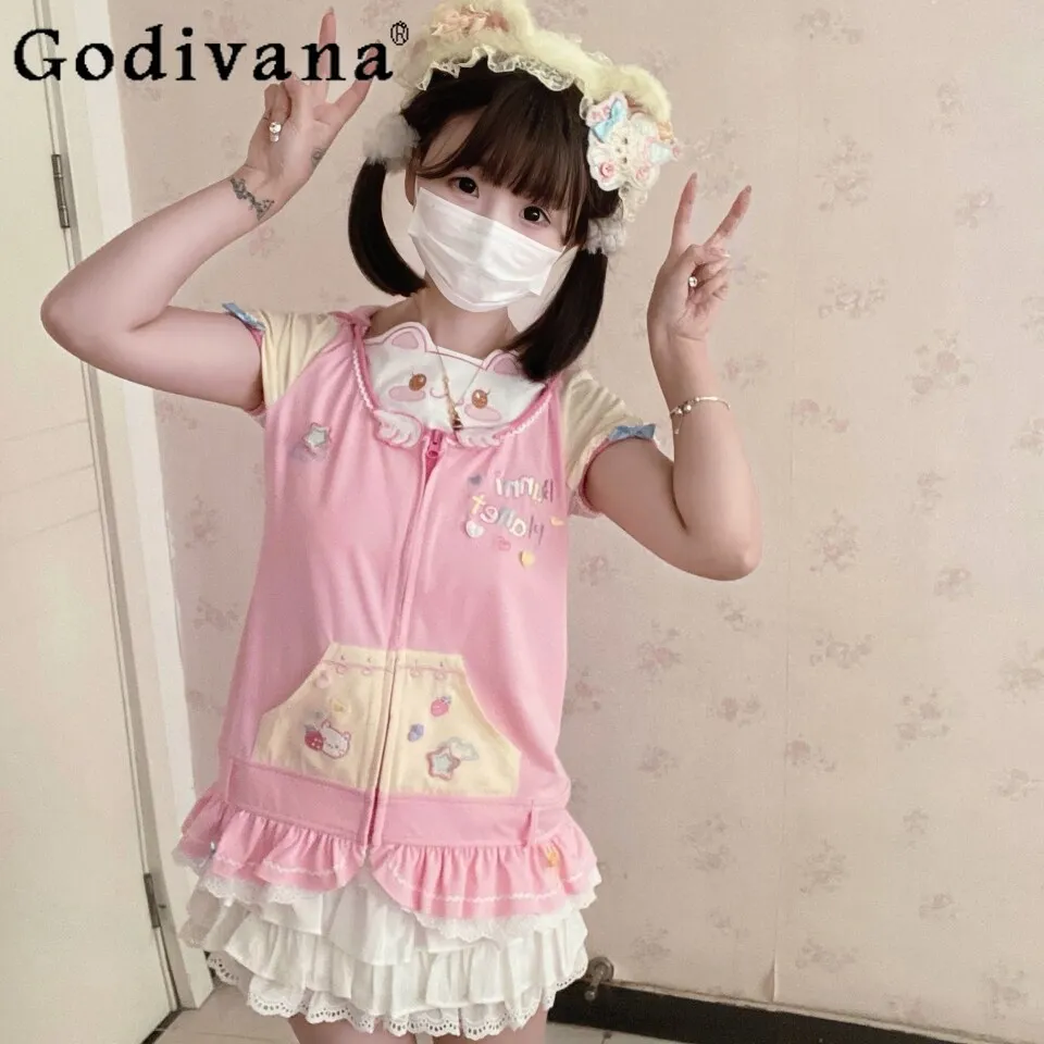 

Original Y2k Pink Short Sleeve Top Summer Daughter Kawaii Clothes Original Japanese Cartoon Embroidered Zipper Hooded Jacket