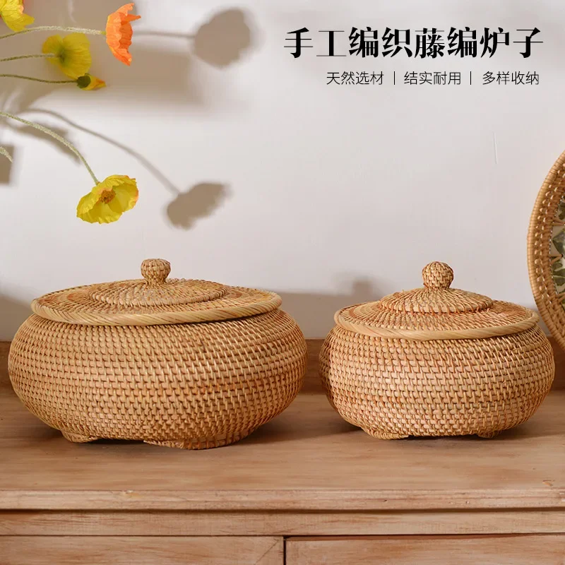 

Vietnam Pure Handmade Autumn Rattan Woven Basket Organizer Round Coffee Table Desktop Living Room Bread Large Candy Box