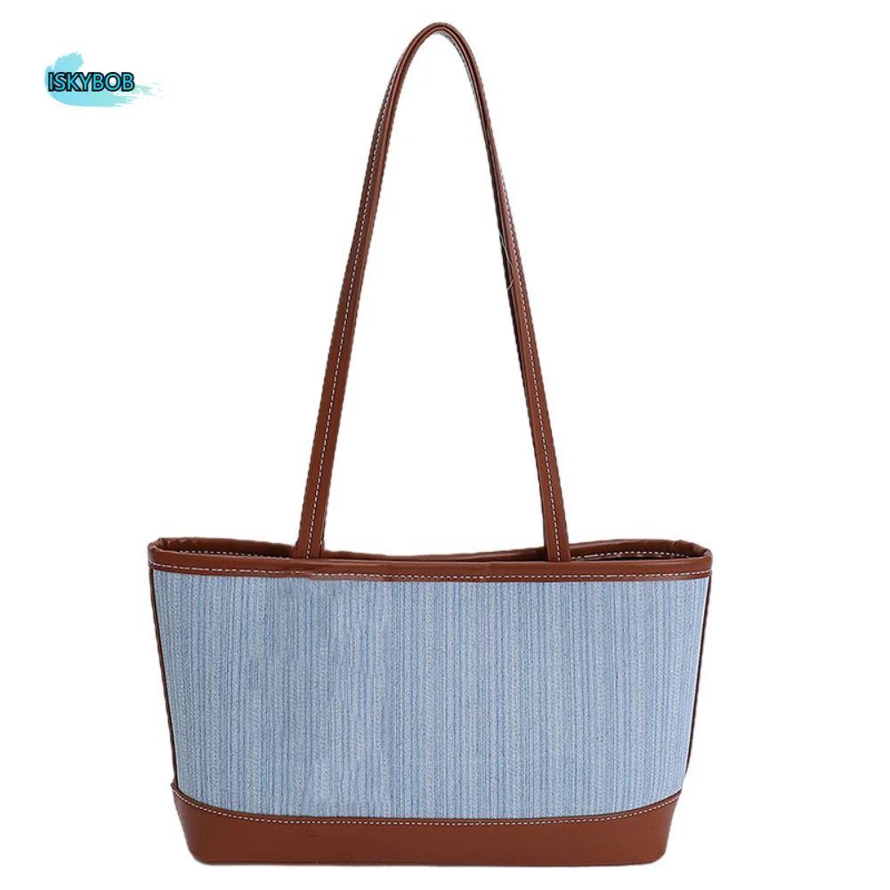 

Large Capacity Denim Splicing Tote Bag Handbag All-match Simple Shoulder Bag Phone Bag Korean Style Ins Square Tote Bag