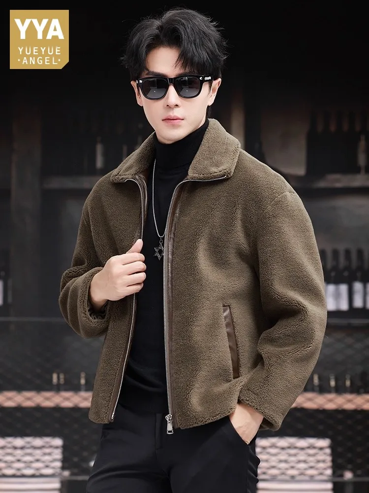 Winter Mens Warm Real Sheep Fur Jacket Zipper Business Casual Work Natural Wool Coat Vintage Designer Slim Fit Thick Overcoat