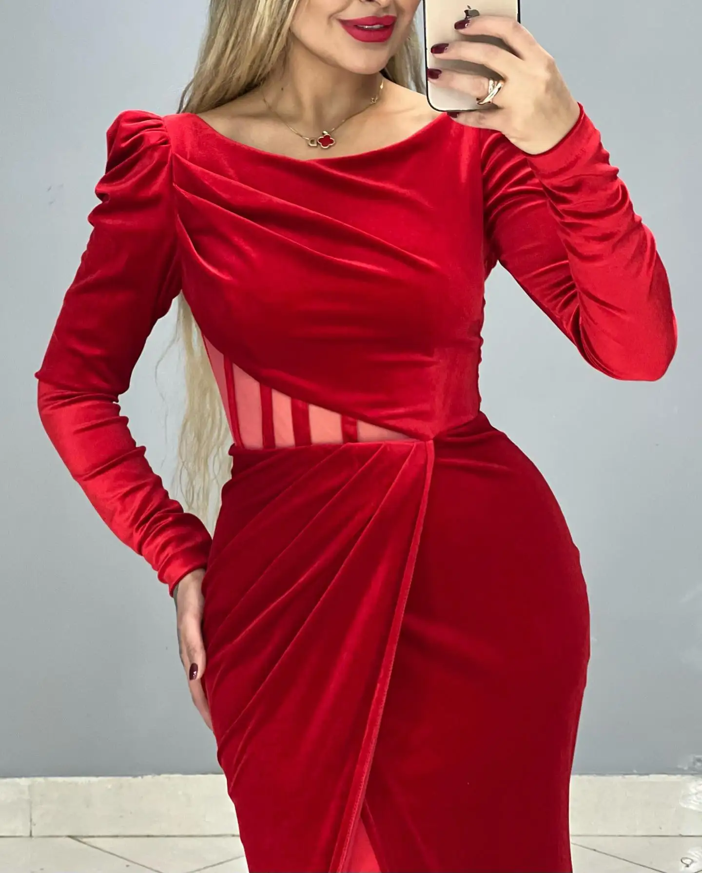 Aangepaste prachtige vierkante kraag zeemeermin avondjurk Hoge kwaliteit velours lange mouwen galajurken Luxe homecoming-jurken