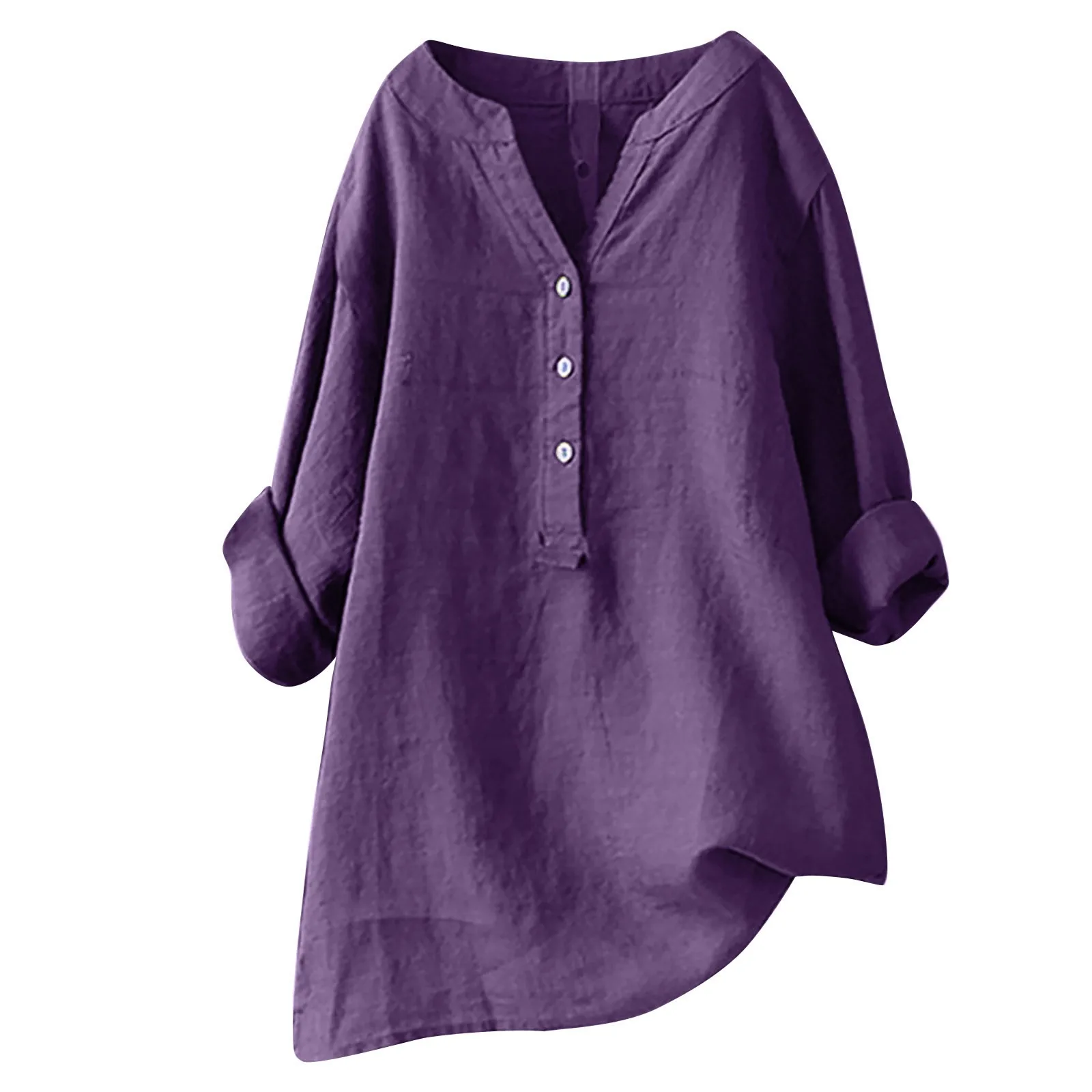 

Ladies Cotton And Linen Casual Shirt Tops Solid Color Standing Neck Single-breasted Long Sleeves Loose Blouses For Women