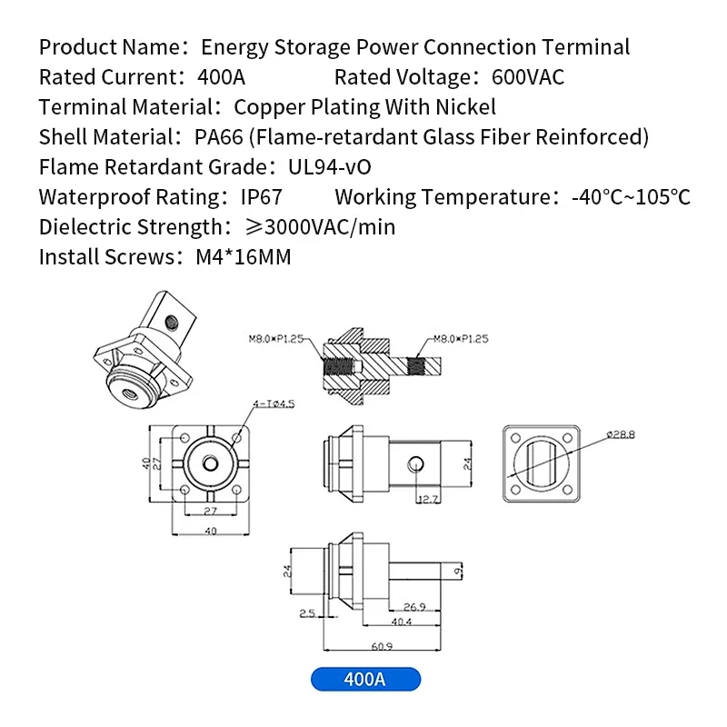 M8 Round High 400A Current Copper Busbar Threaded Energy Storage Connector Through Wall Lithium Battery Terminal Binding Posts