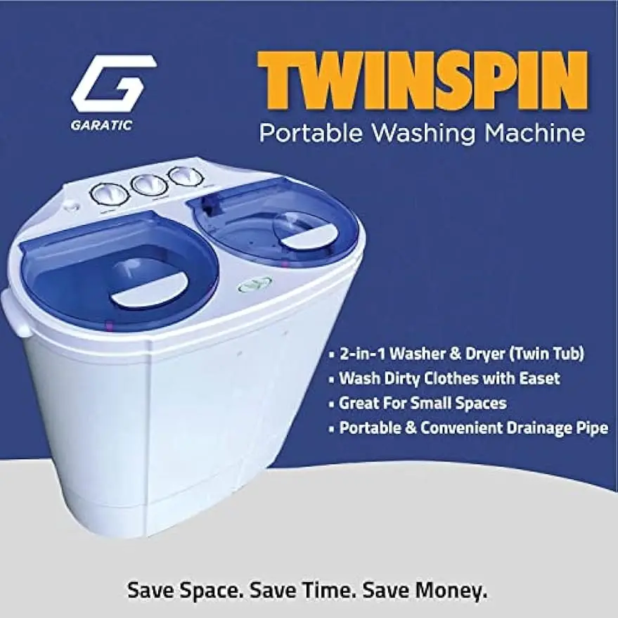 Garatic Portable Compact Mini Twin Tub Washing Machine w/Wash and Spin Cycle, Built-in Gravity Drain, 13lbs Capacity