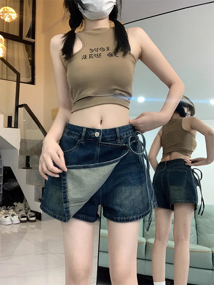 

Retro Belted Denim Skirt Women Summer Small Size Anti-Light High Waist Slim Fit A-Line ort Skirt Pants Korean Sle