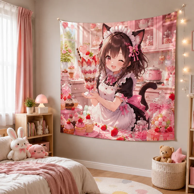 VIKAMA Cute Cat Maid Anime Tapestry, Pink Strawberry Dessert Kitchen Wall Hanging, Sweet Cat-Themed Girl Print Tapestry