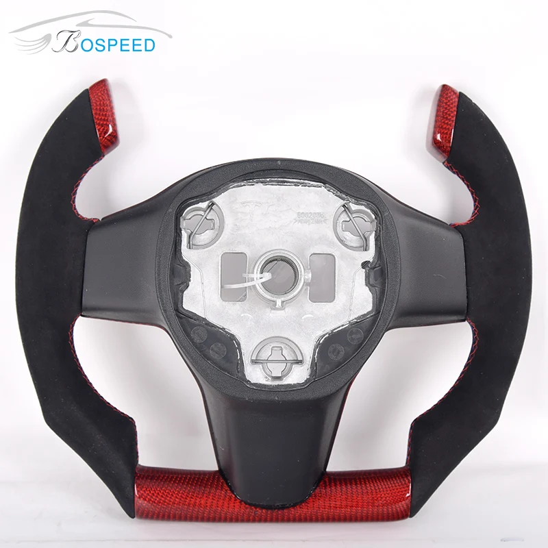 For Tesla Model 3 Model Y Red Gloss Carbon Fiber Alcantar-a Car Steering Wheel Plane Style Modify 2015-2022