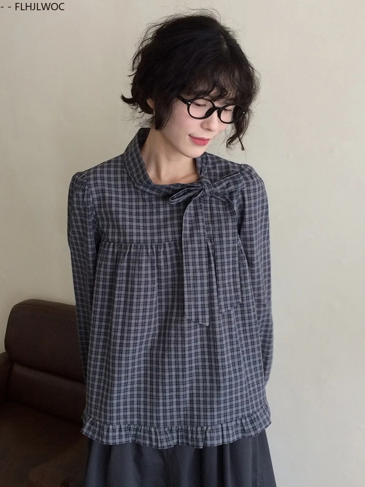 Короткие хлопковые топы, блузки, милые японские девушки, весна 2026, повседневные рубашки в клетку с длинными рукавами в стиле ретро, винтажный топ с галстуком-бабочкой