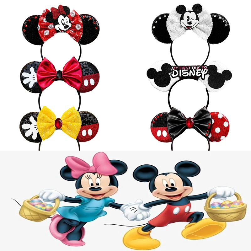 

Classics Mickey Mouse Headbands Girl Carnival Smile Minnin Hairband Baby Bow White Sequins Headwear Kid Gifts Disney Hair Band