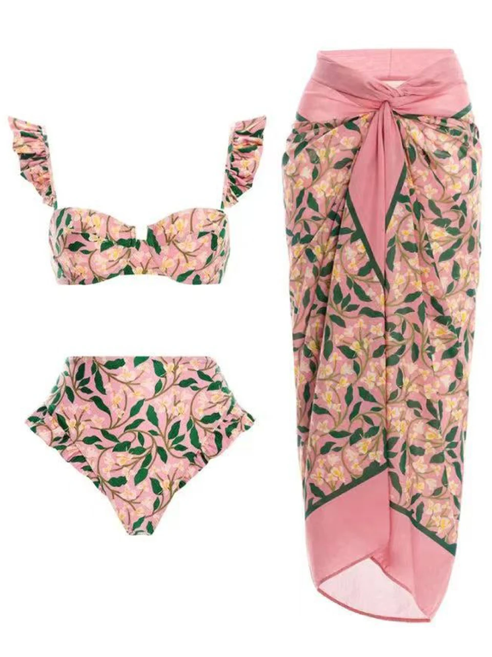 Split Ruffle Bikini & Beach Dress 2024 Women 3 Piece Vintage Print Swimwear Push Up Swimsuit Female Bathing Swimming Summer