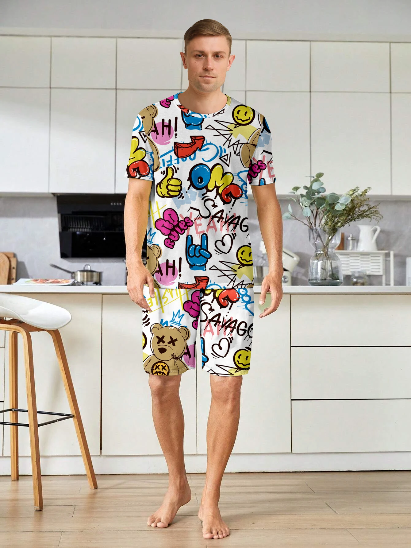 Men\'s fashionable casual style pajamas home clothing cartoon printed hip-hop short sleeved shorts two-piece set for couples