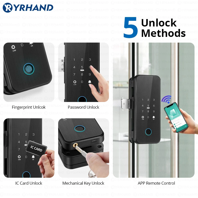 YRHAND Drill free Bluetooth Biometric Fingerprint RFID Card Code Remote Control Tuya App Electronic Smart Glass Door Lock