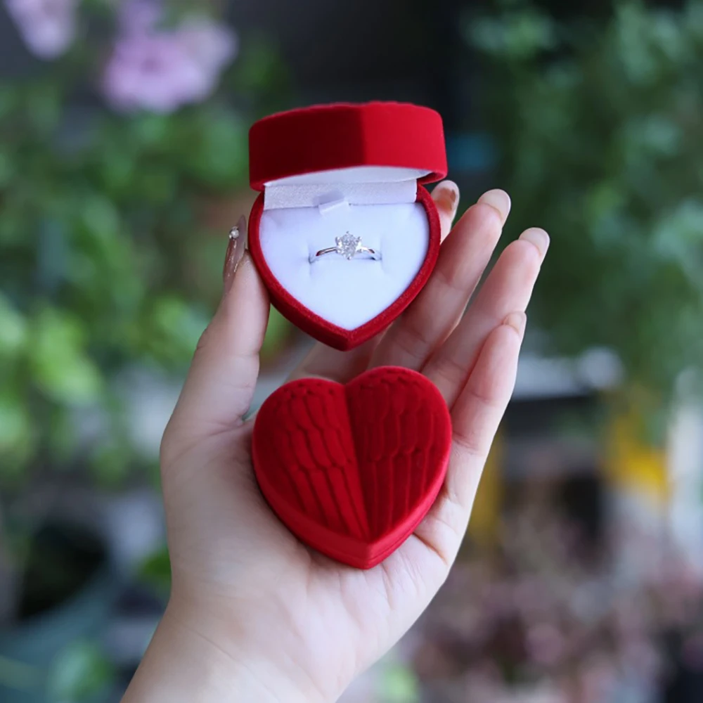 Heart Shaped Rings Box Angel Wings Love Wedding Ring Box Propose Valentine's Day Gifts Necklace Storage Case Jewelry Organizer