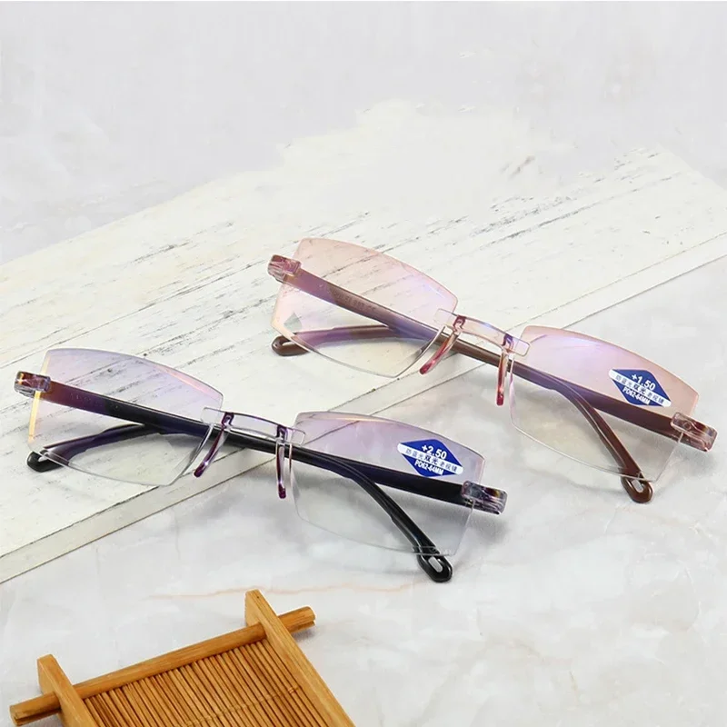 Men Multifocal Rimless Reading Glasses Male Blue Light Blocking Eyewear Bifocal Presbyopia Eyeglasses with Diopters +1.0 To +4.0