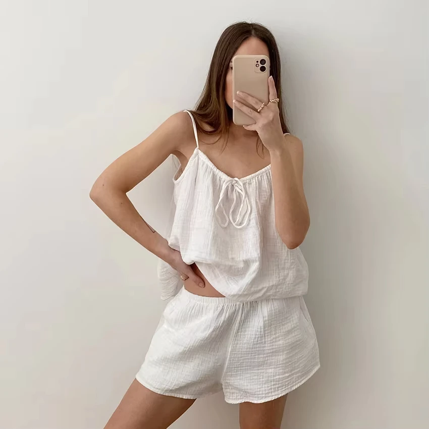 New style home wear for autumn 2026 women's pure cotton camisole shorts comfortable pajamas two-piece set, casual Y2K popular