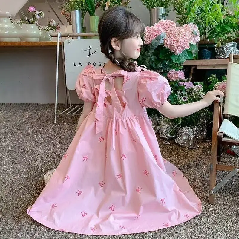 2026 Summer Dresses White Kid Baby Party Flutter Sleeve Princess Girls Mid Long JK Bow Bear Teens Dress 4 6 8 To 10 12 11 Years