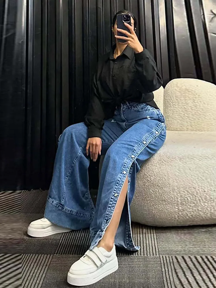

Chic Women's Ripped Holes Denim Jeans Pant WIth Sides High Slit Trendy High Waist Wide Baggy Pants Casual Streetwear Trousers