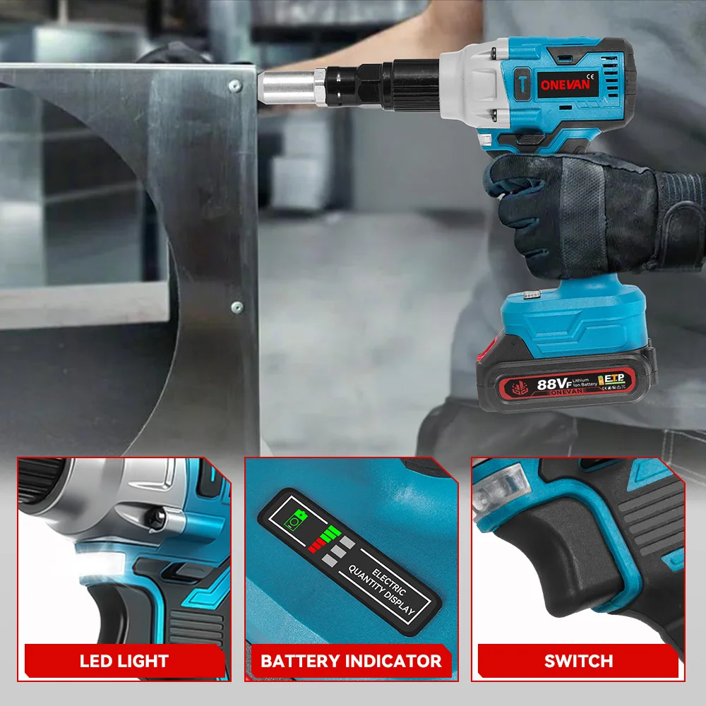 ปืนยิงรีเวทไร้สาย ONEVAN 25000N แบบไร้แปรงถ่าน พร้อมไฟ LED ใช้กับแบตเตอรี่ Makita 18V