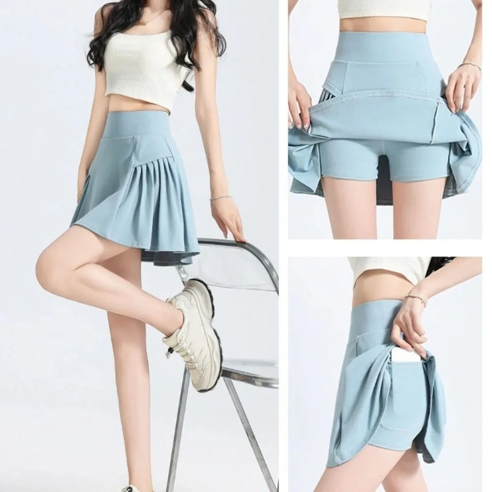 

Breathable High Waist Pleated Skirt Anti-glare Solid Color Sports Pants Skirt Fitness Clothes Fake Two Pieces