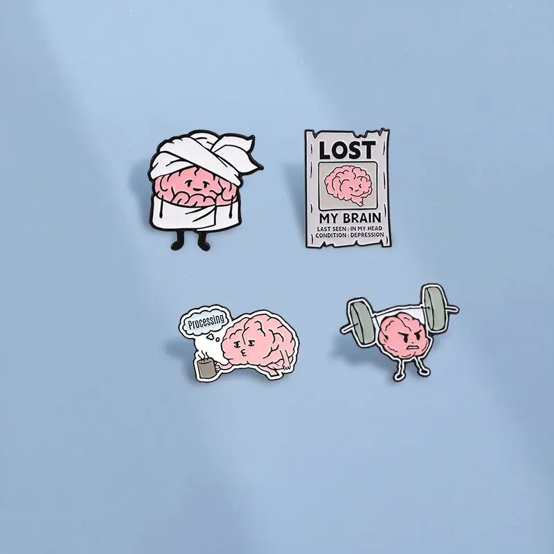 Funny Brain Enamel Pins Lost My Brain Processing Overload Fitness Weightlifting Bathrobe Brain Brooches Lapel Badge Jewelry Gift