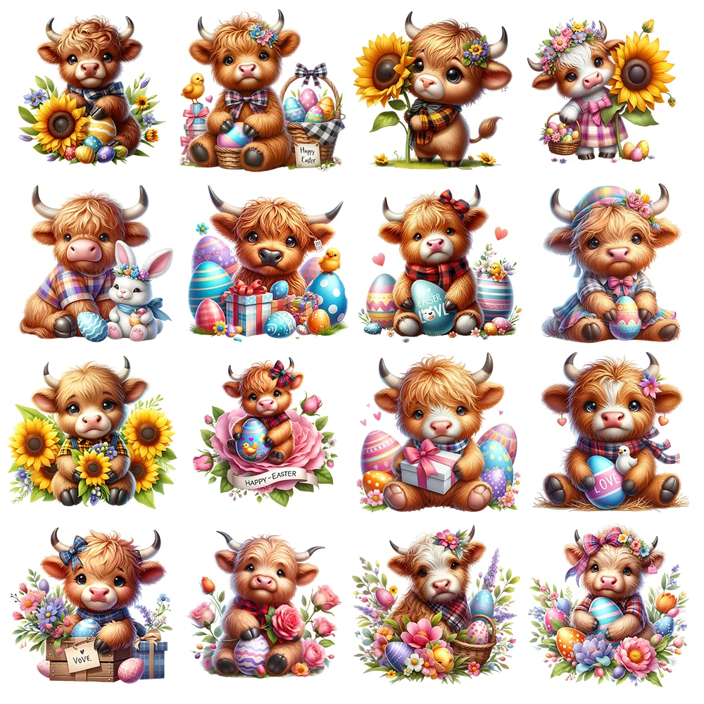 Kids Easter Flower Cattle Iron On Heat Transfer Stickers For Clothes DIY DTF Pinted Vinyl Appliques Washable T-Shirts Thermal