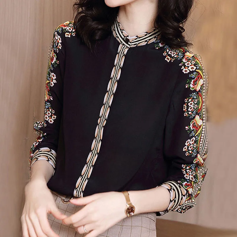 Floral Printed Spliced Elegant Shirt Women\'s Clothing Spring Autumn Long Sleeve Vintage Commute Slim Polo-Neck Button Blouses