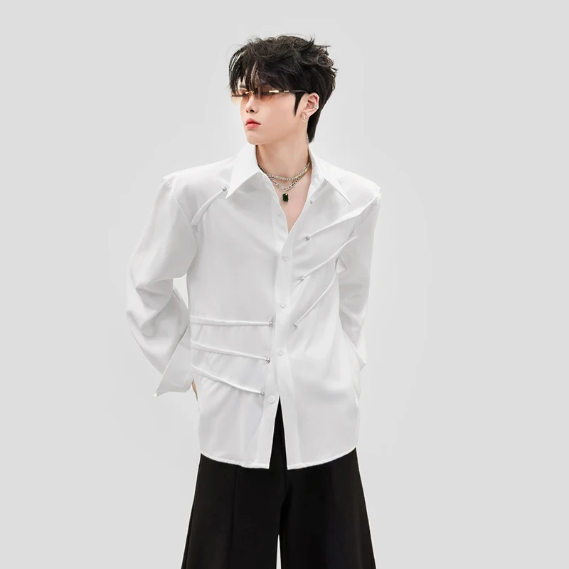 Niche Design Rivet Bead Long Sleeve Shirt Men Loose Deconstruction Turn-Down Collar Button Fashion Streetwear Tops  LOM8