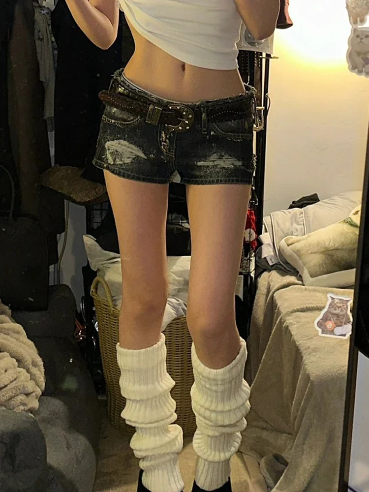 American Y2K Sexy Mini Chicly Hollow Out Female Shorts Summer Classic Low Waist Fashion Washed Distressed Slim Shorts for Women