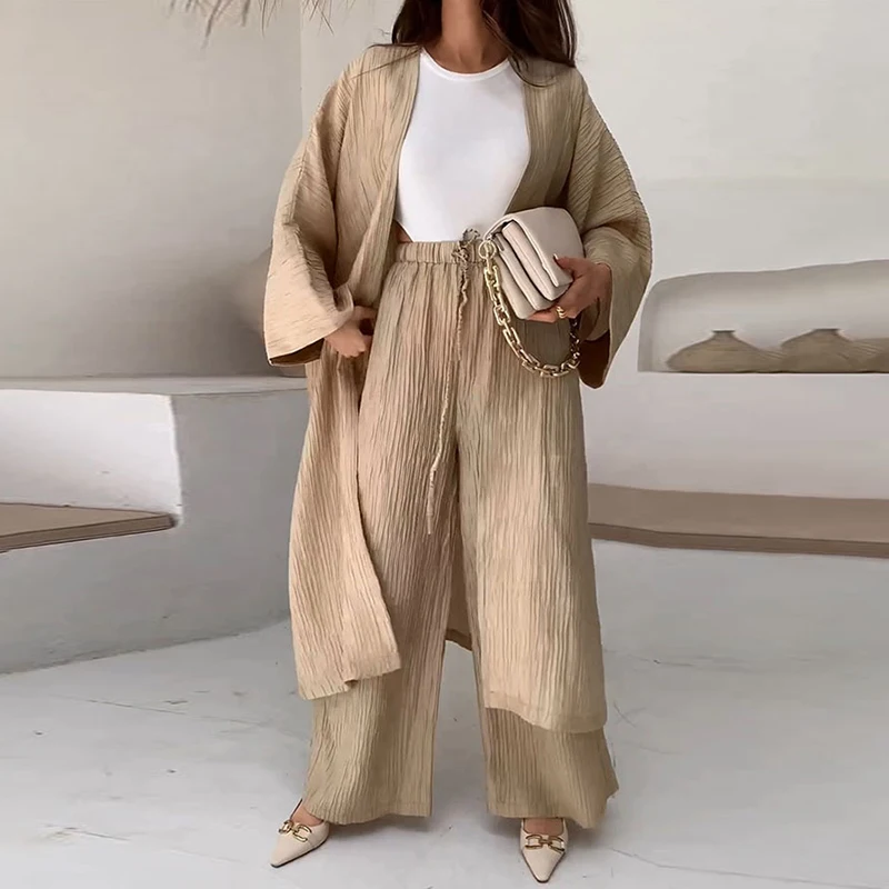 Lady Pleated Texture Straight Casual Pants Two-Piece Sets Elegant Female Loose Outfits Women's Autumn Suits