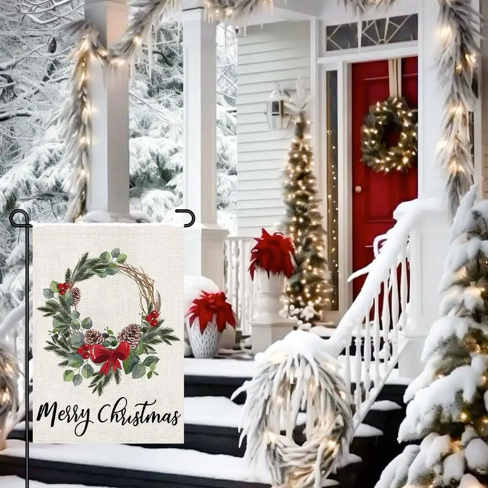 Merry Christmas Wreath Garden Flags 12x18 Double Sided Burlap, Winter Welcome Xmas Decorations Seasonal Sign Small Flag for  EEZ