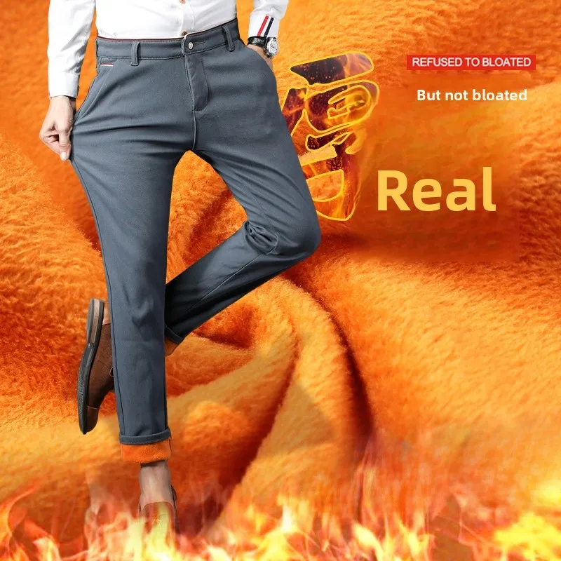 

Men's Fce Lined Thi Casual Pants Elastic Busin Slim Fit Winter Straight Loose Versatile Warm Long Trousers