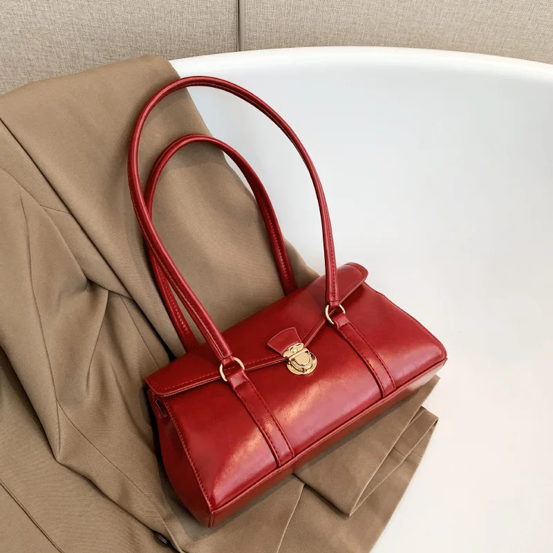 Classic Burgundy Women\'s Briefcase 2024 New Ladies Minimalist Lock Buckle Zipper Shoulder Bags Elegant Retro Commuting Handbag