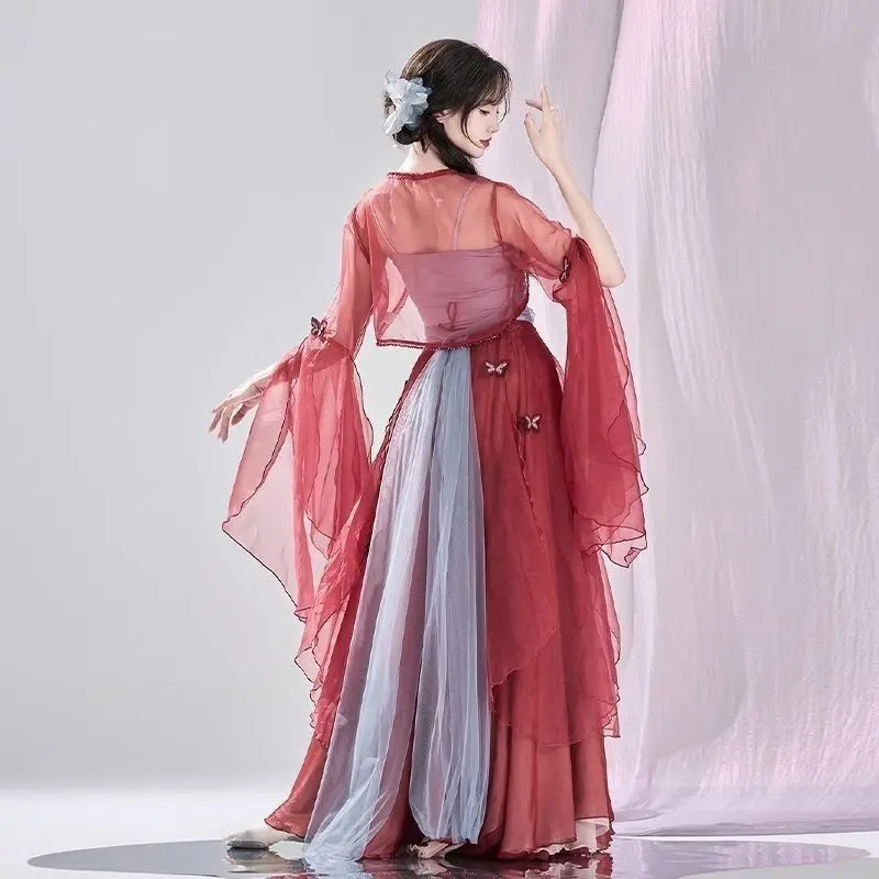 Traje de performance de dança clássica vermelho fluindo gaze vestido dança chinesa étnico estilo antigo prática desempenho grande balanço