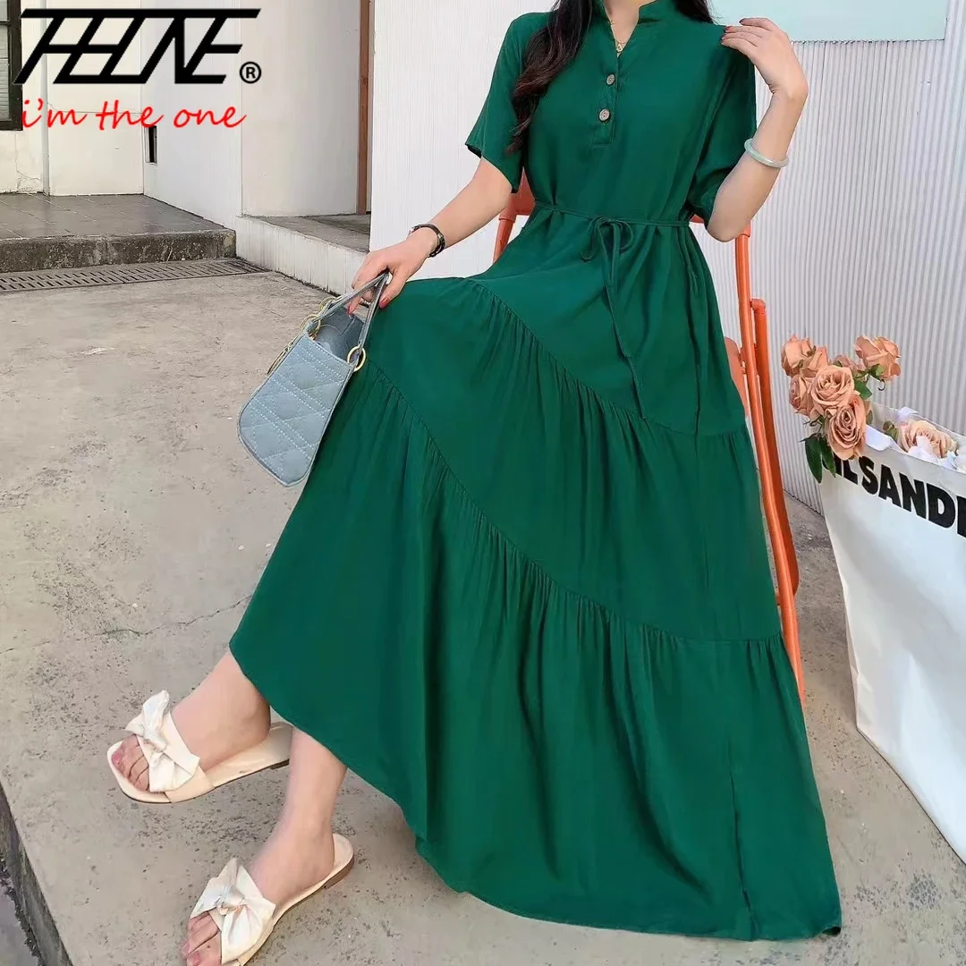 THHONE 여성용 원피스 2024 Vestido Feminino 긴 중국 스타일 프린트 빈티지 로브, 꽃 휴일 캐주얼 패션 드레스, 여름 신상