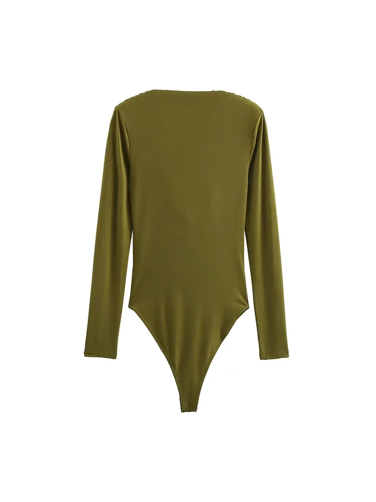 Willshela Women Fashion Green Pleated Bodysuits Vintage V-Neck Long Sleeves Female Chic Lady Tops