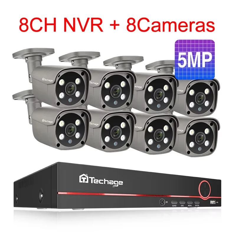 Techage 8CH 5MP 8MP POE Beveiligingsbewakingssysteem 4K HD POE IP Kit Tweeweg Audio Gezichtsdetectie Metal Bullet H.265 Outdoor Video