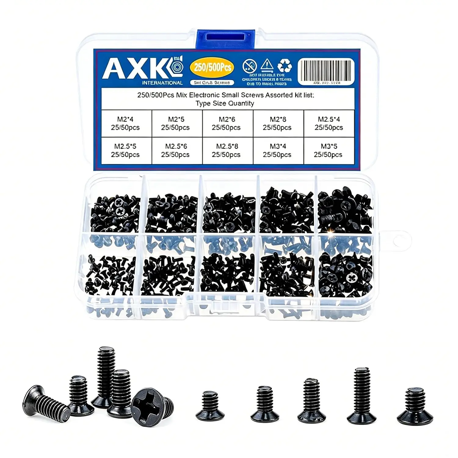 500pcs Black KM Screws Assortment Box 10 Mixed Specifications with Cross Screwdriver for Home Repair and DIY Projects