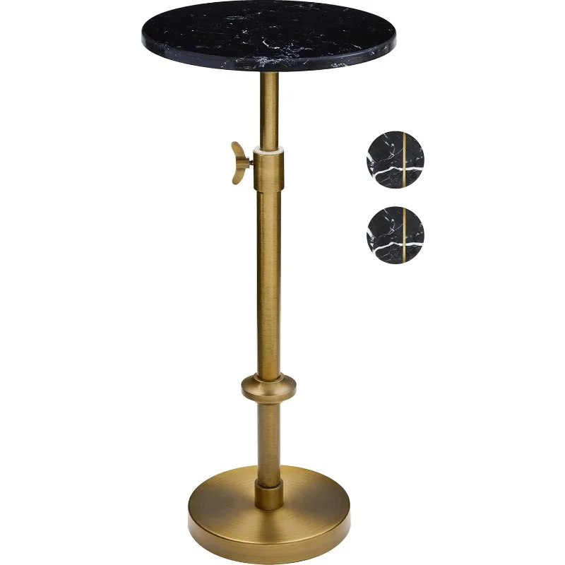 

Adjustable-Height Marble Drink Table - 10x10x22-30, Black Marble & Antique Brass, Modern Round End Table, Side Table with