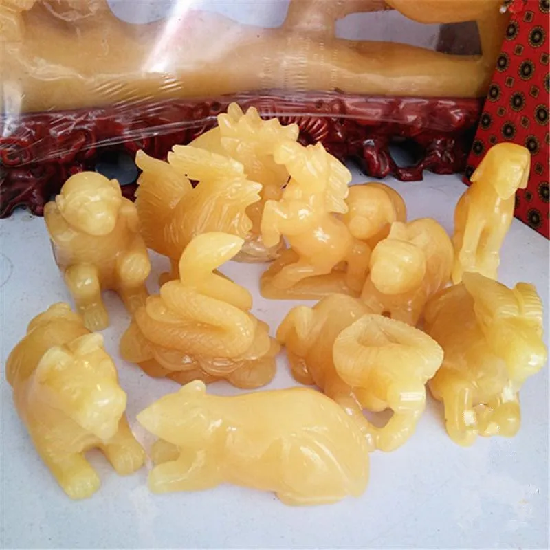 Beige jade zodiac animal figurines: rat, ox, tiger, rabbit, dragon, snake, horse, sheep, monkey, chicken, dog, pig home decor it