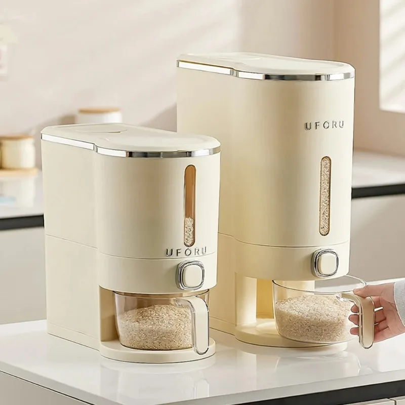 

Sealed Rice Bucket One Click Rice Dispenser Moisture-proof Rice Bucket with Cup Grain Box Storage Container for Food and Grains
